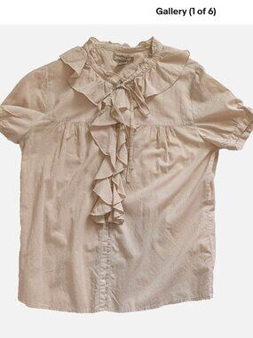 Vintage Jeanstar Floral Ruffle Collared SS Tan Beige 80s 90s Women's Top Size S